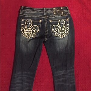 Miss Me Dark Wash Boot Cut Jeans with Embellished Fleur-de-Lis Pockets
